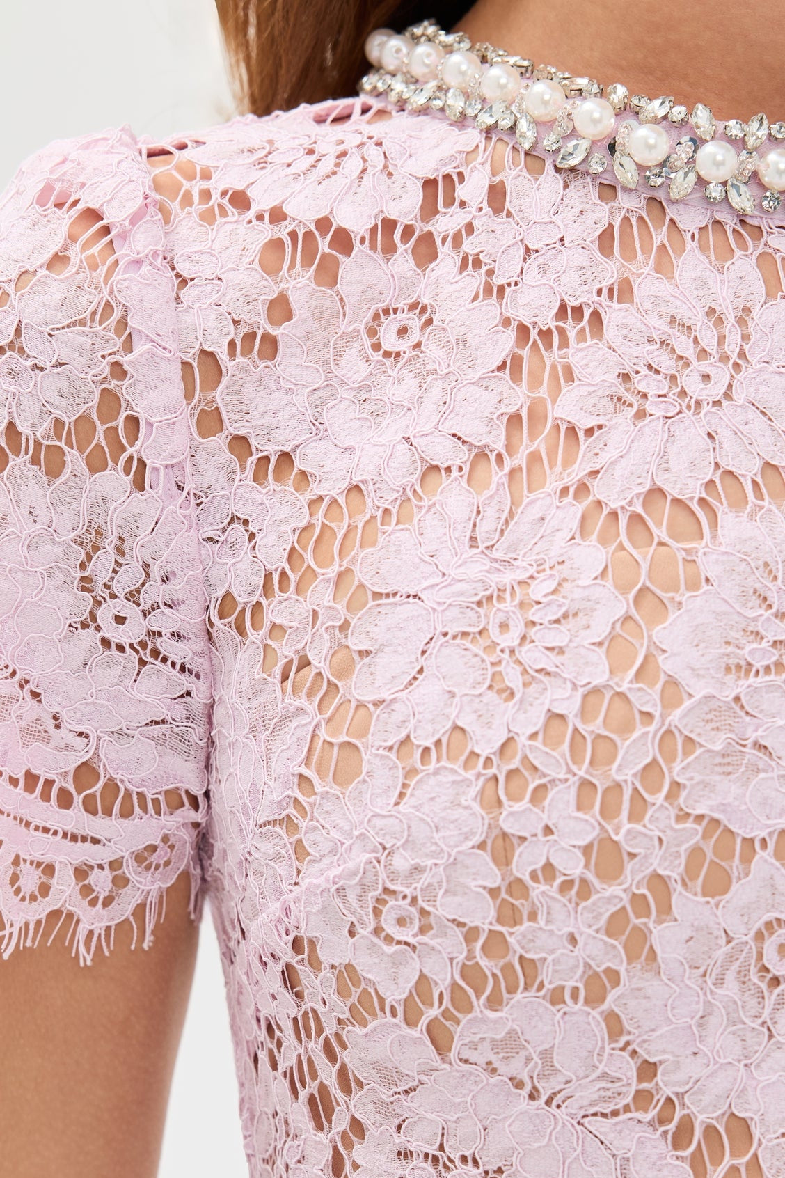 Pink hollow Lace Pearl Midi Dress