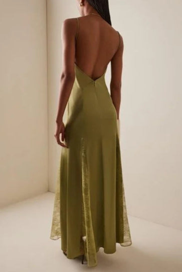Green Exclusive Lace-Inset Silk Maxi Slip Dress