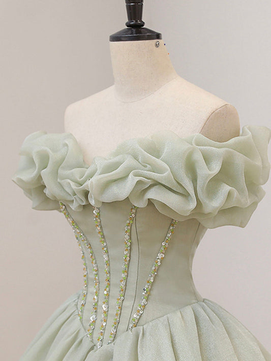 Tulle Green A-Line Long Prom Dress