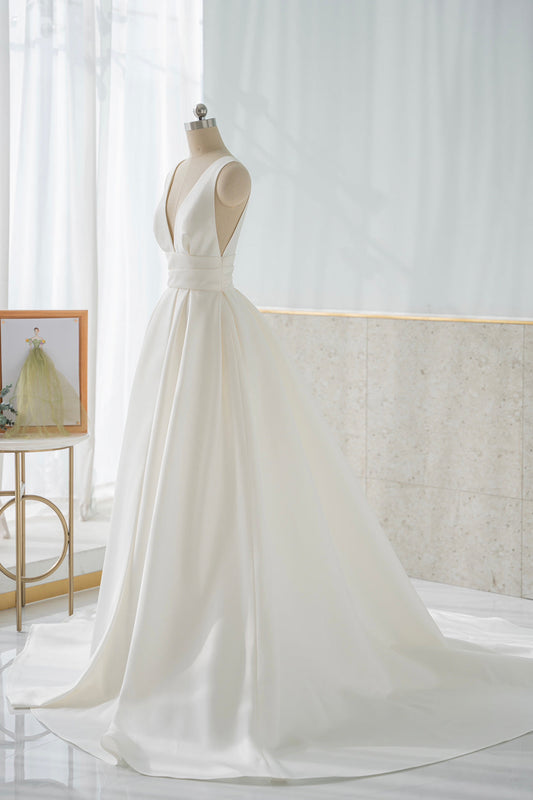 White A-Line V-Neck Satin Dress