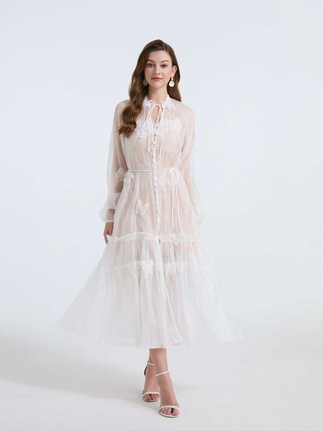 See-through blouse maxi dress with lace skirt in white