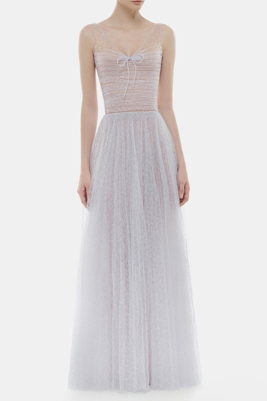 monica violet draped tulle fishbone maxi dress