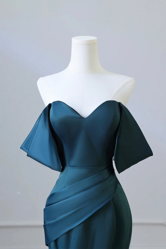 Off Shoulder Satin Ink Blue Prom Dress