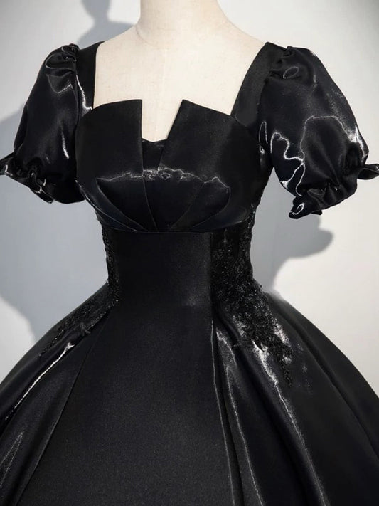 A-Line Short sleeve Satin Black Prom Dress