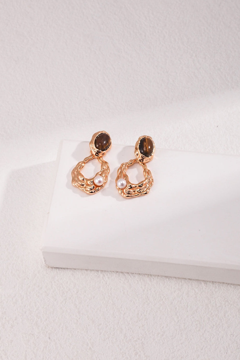 Tiger Eye Stone Pearl Irregular Wavy Hollow Gold Drop Earrings