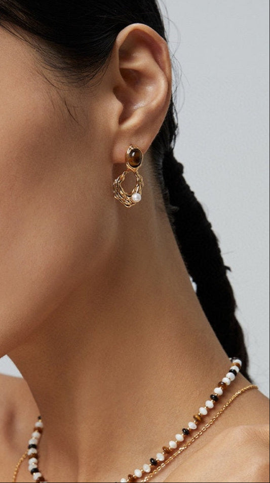 Tiger Eye Stone Pearl Irregular Wavy Hollow Gold Drop Earrings