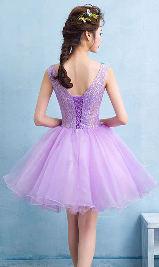 Elegant Sexy V-Neck Lace Mini Dress in Purple