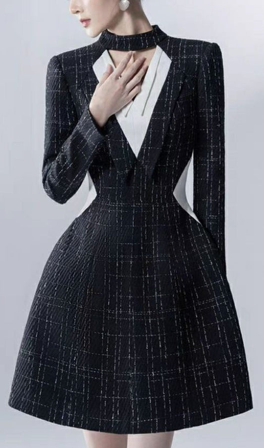 HALTER V-NECK A-LINE JACKET DRESS IN BLACK