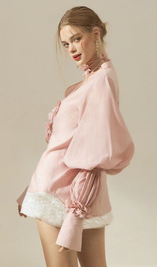 PUFF SLEEVE TWO PIECE SUIT IN PINK