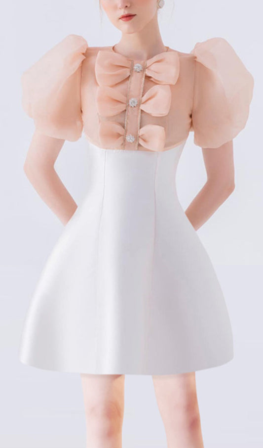 GAUZE BOW PUFF SLEEVE MINI DRESS IN WHITE