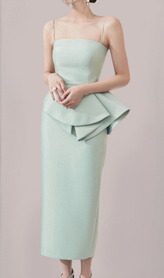 RUFFLE HIP WRAP MIDI DRESS IN MINT GREEN