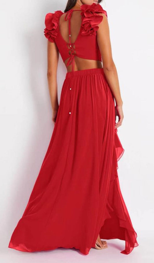 DEEP V RED CUTOUT ONE PIECE SWIMSUIT AND SKIRT styleofcb