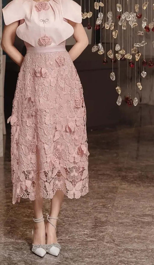 BUTTERFLY EMBROIDERY CLOAK SLEEVE MIDI DRESS IN PINK DRESS OH CICI