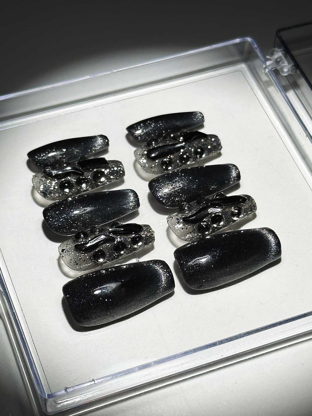BLACK CAT EYE CRYSTAL HANDMADE PRESS ON NAILS Press On Nails Oh CICI