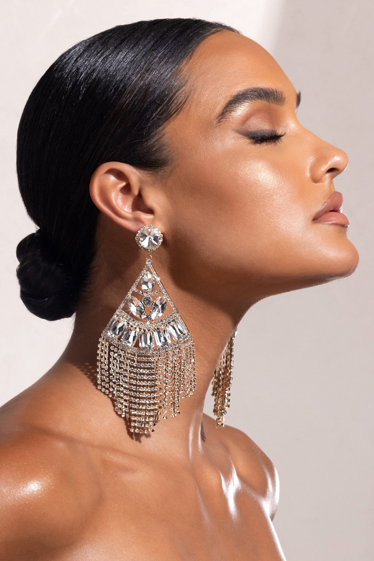 GOLD STATEMENT CRYSTAL DROP TASSEL EARRINGS JEWELLERY styleofcb