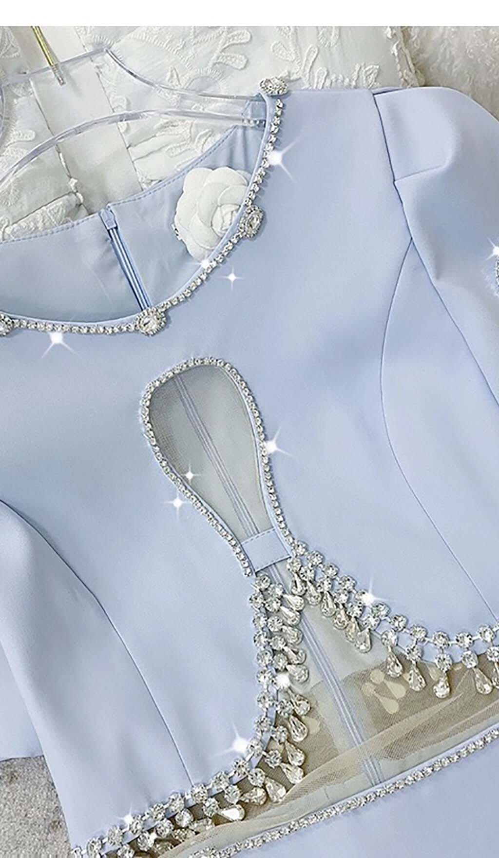 CRYSTAL TRIM CUTOUT MINI DRESS IN SKY BLUE DRESS STYLE OF CB