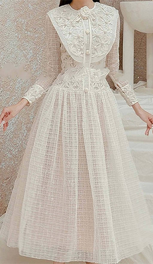 EMBROIDERY LACE LONG SLEEVE MIDI DRESS IN WHITE DRESS sis label