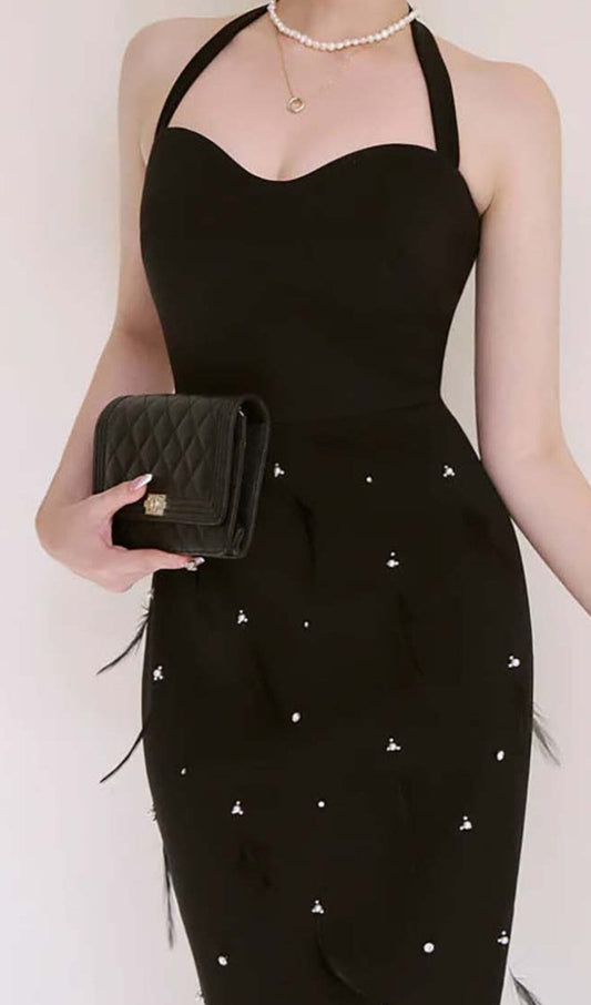 FEATHER RHINESTONES BODYCON MIDI DRESS IN BLACK DRESS OH CICI