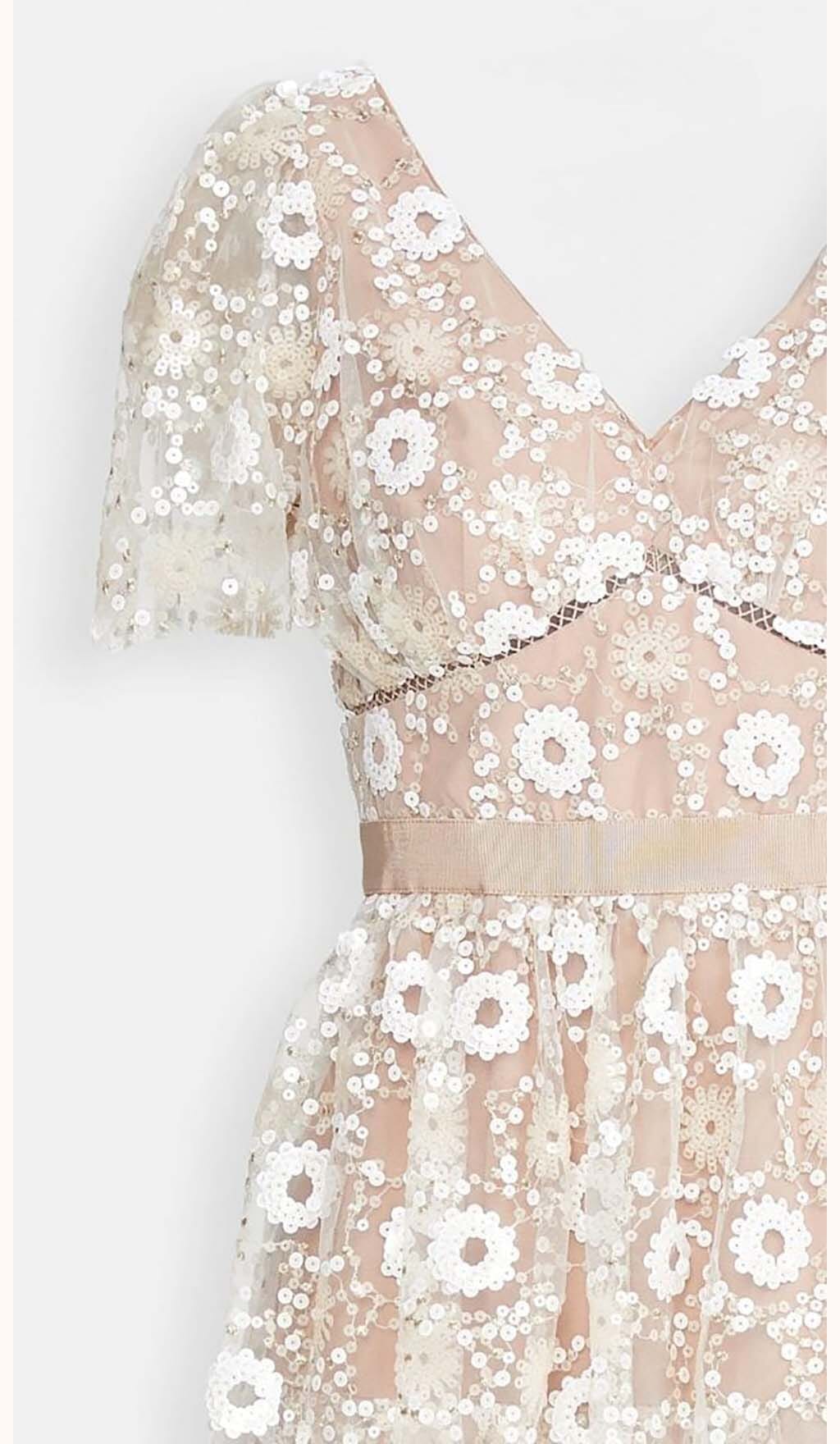 FLORAL EMBELLISHED PUFF SLEEVE MIDI DRESS IN WHITE DRESS ohcici