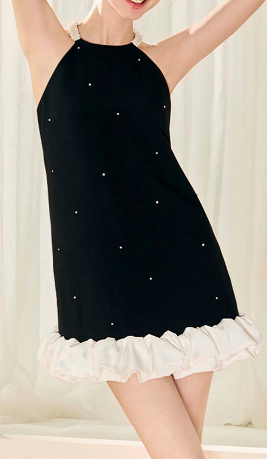 FRILL PEARL MINI DRESS IN BLACK