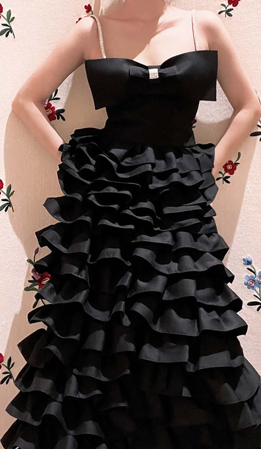 LAYERED BOW-EMBELLISHED MAXI DRESS IN BLACK