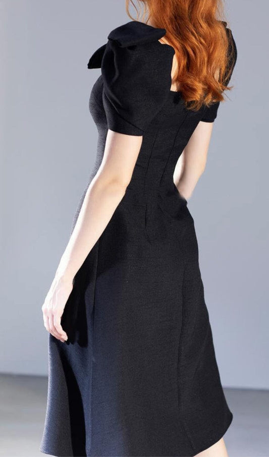 PATCHWORK BOW-EMBELLISHED MIDI DRESS IN BLACK DRESS sis label