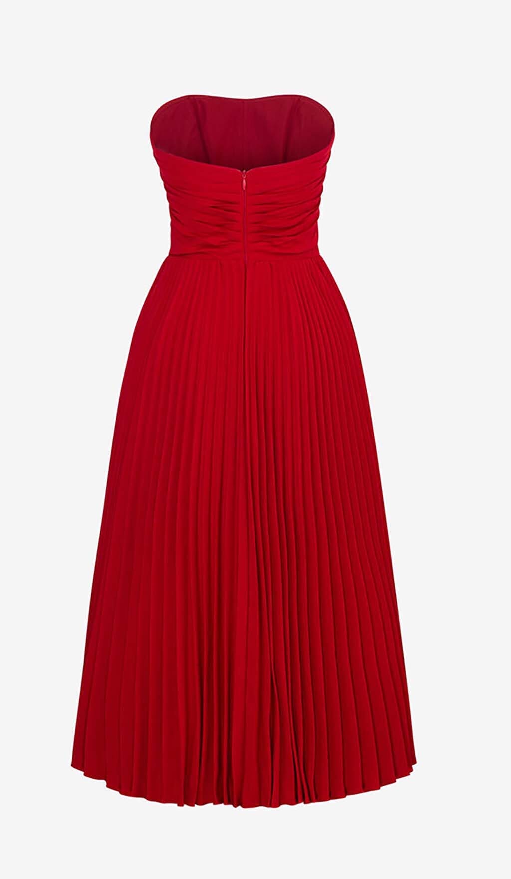 PLEATED STRAPLESS MIDI DRESS IN WINE RED DRESS OH CICI