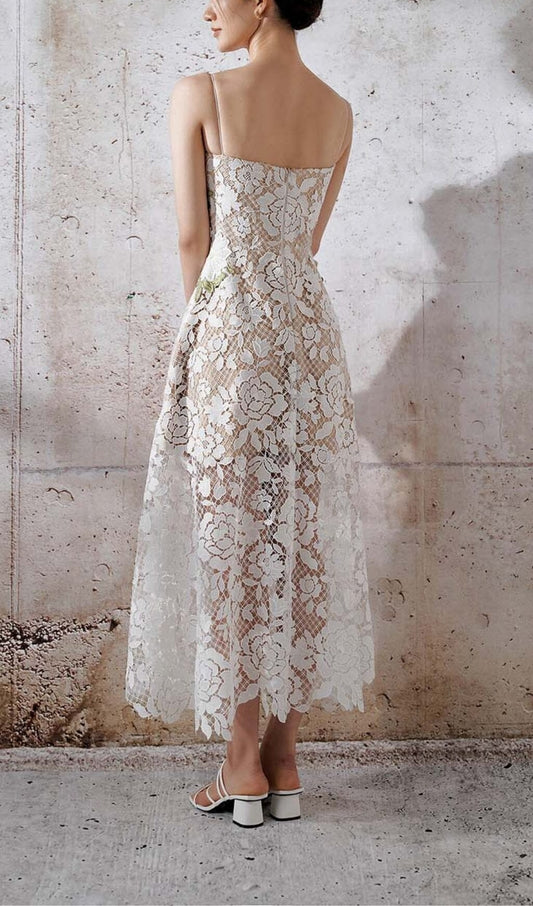 ROSES LACE A-LINE MIDI DRESS IN WHITE DRESS ohcici