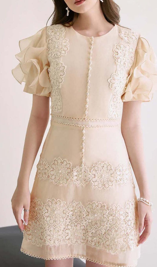 RUFFLE BUTTON LINE MIDI DRESS IN BEIGE OH CICI