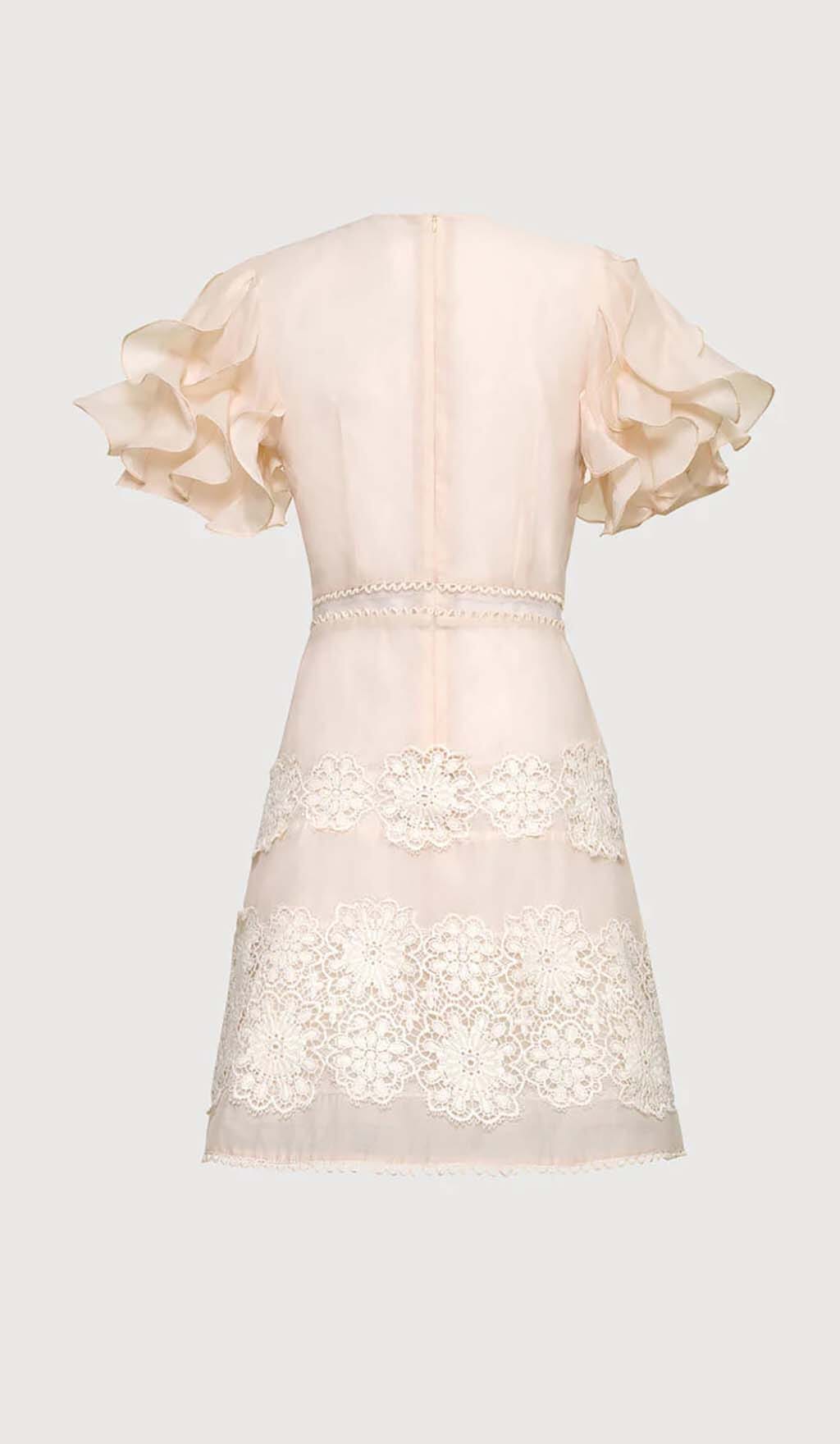 RUFFLE BUTTON LINE MIDI DRESS IN BEIGE OH CICI
