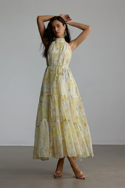 caroline Floral Print Sleeveless Maxi Dress in yellow
