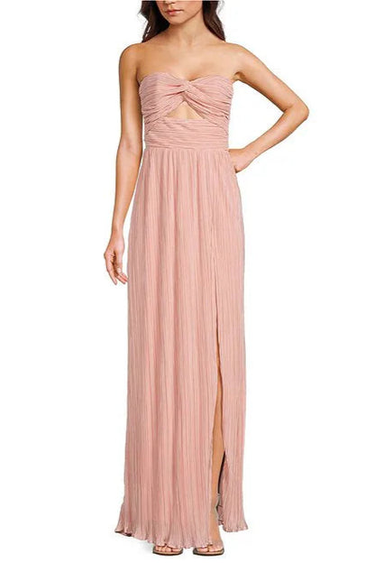 Strapless pleated maxi dress in pink with a flowy design and front cutout, featuring a zipper and elastic back.