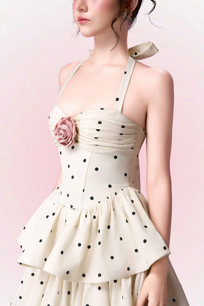 roberta Polka dots Applique Halter layer Midi Dress - apricot