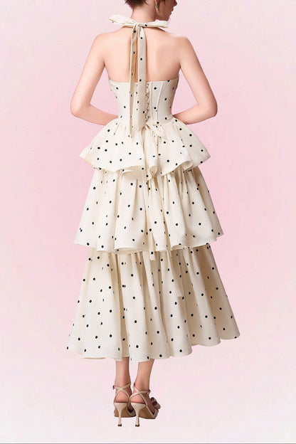 roberta Polka dots Applique Halter layer Midi Dress - apricot