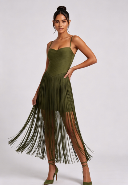 Olive Green Heavy Stretch Knit Fitted Bodice with Straight Fringe Skirt Dress