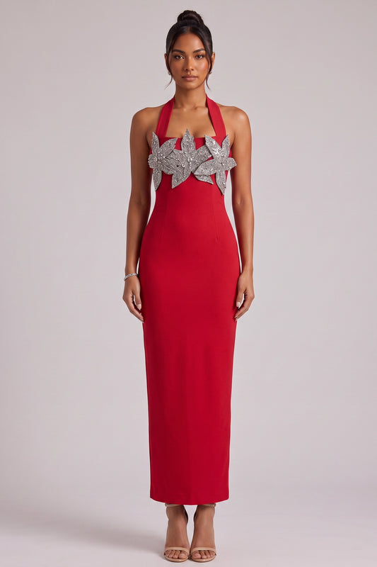 Red Halter Maxi Dress with Silver Floral Embellishment Premium Fabric - product view 1
