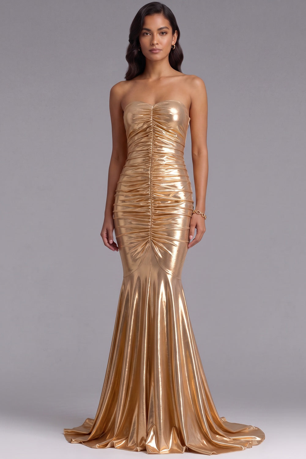 Gold Metallic Ruched Mermaid Gown Premium Fabric - product view 1