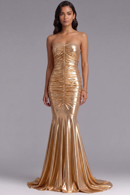 Gold Metallic Ruched Mermaid Gown Premium Fabric - product view 1