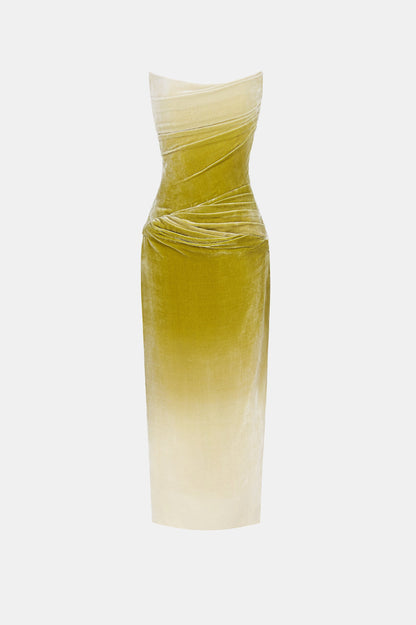 ruched velvet strapless midi dress in green gradient