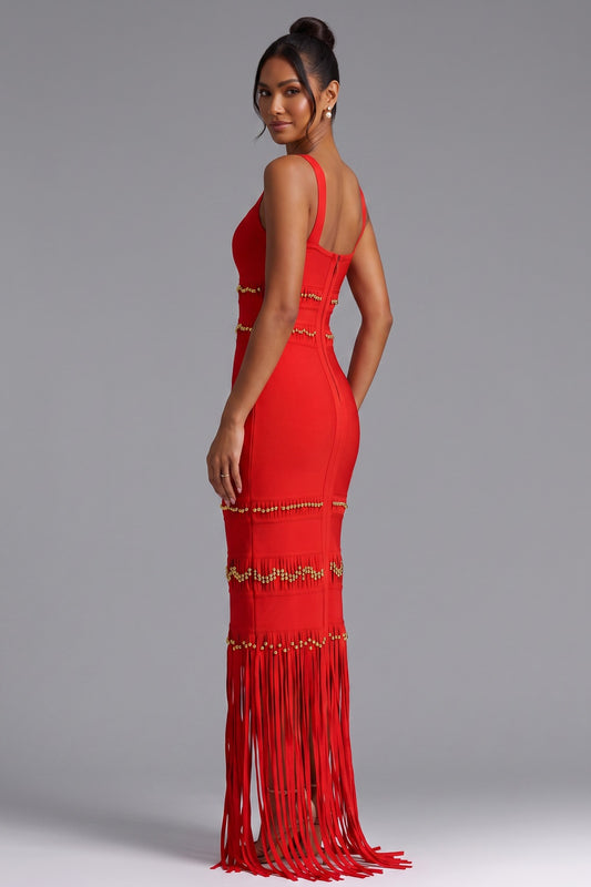 Red Fringe Maxi Dress with Gold Bead Detailing Premium Fabric - product view 1