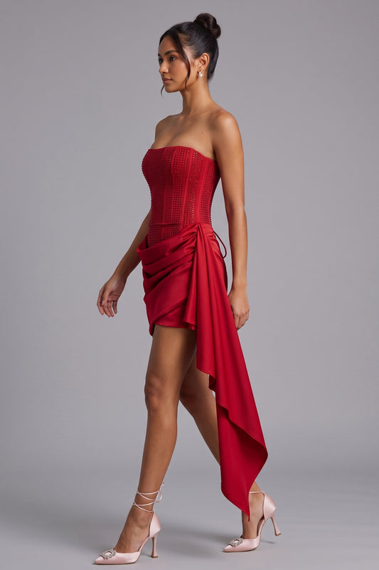 Red Asymmetric Mini Dress with Corset Bodice Premium Fabric - product view 1