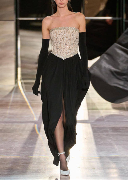 sharon Lace Beaded embellished Strapless Maxi Dress in black
