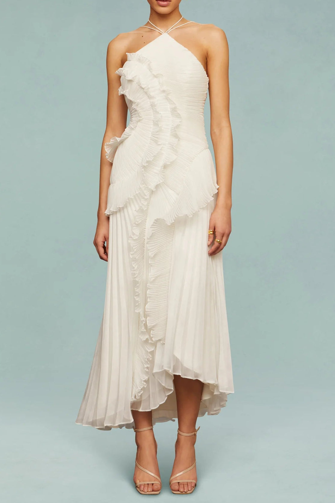 alva Sleeveless Folds Slit Maxi Dress in light white