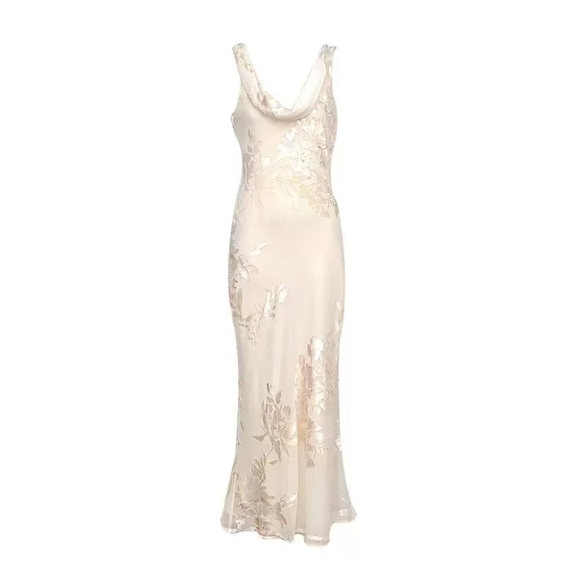 Draped Cowl Backless Floral Jacquard Mermaid Maxi Dress