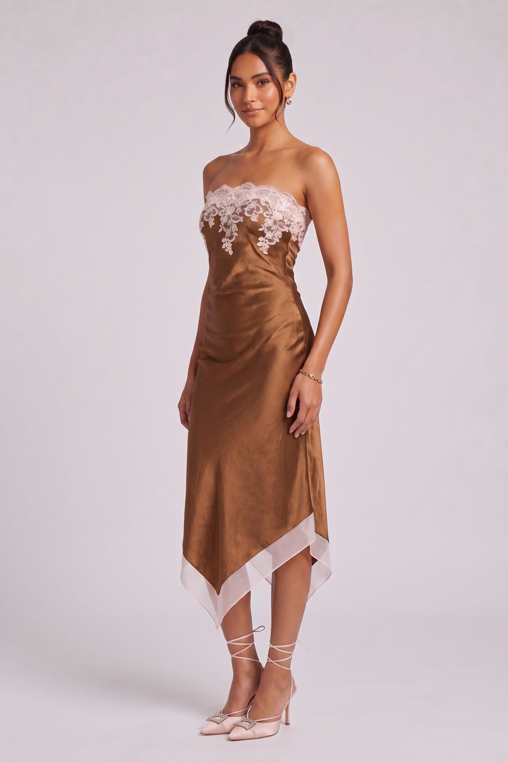 Bronze Satin Sheath Dress with Lace Applique bronze satin dress - product view 4