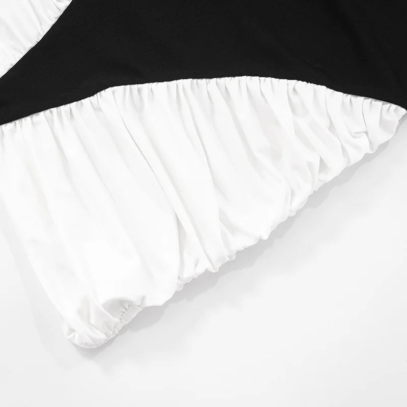 black-white Panel Sleeveless Gathered Halter mini Dress
