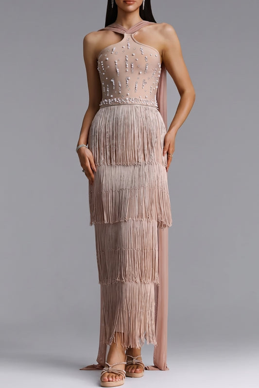 Halter Beaded Tiered Fringe Maxi Dress