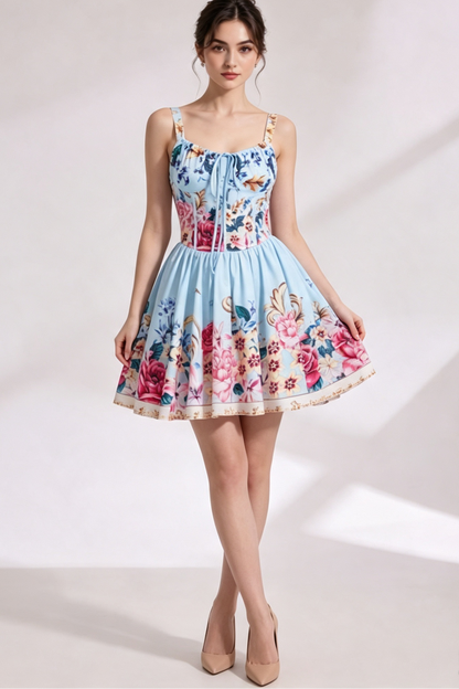 light blue structured cotton woven fit-and-flare dress
