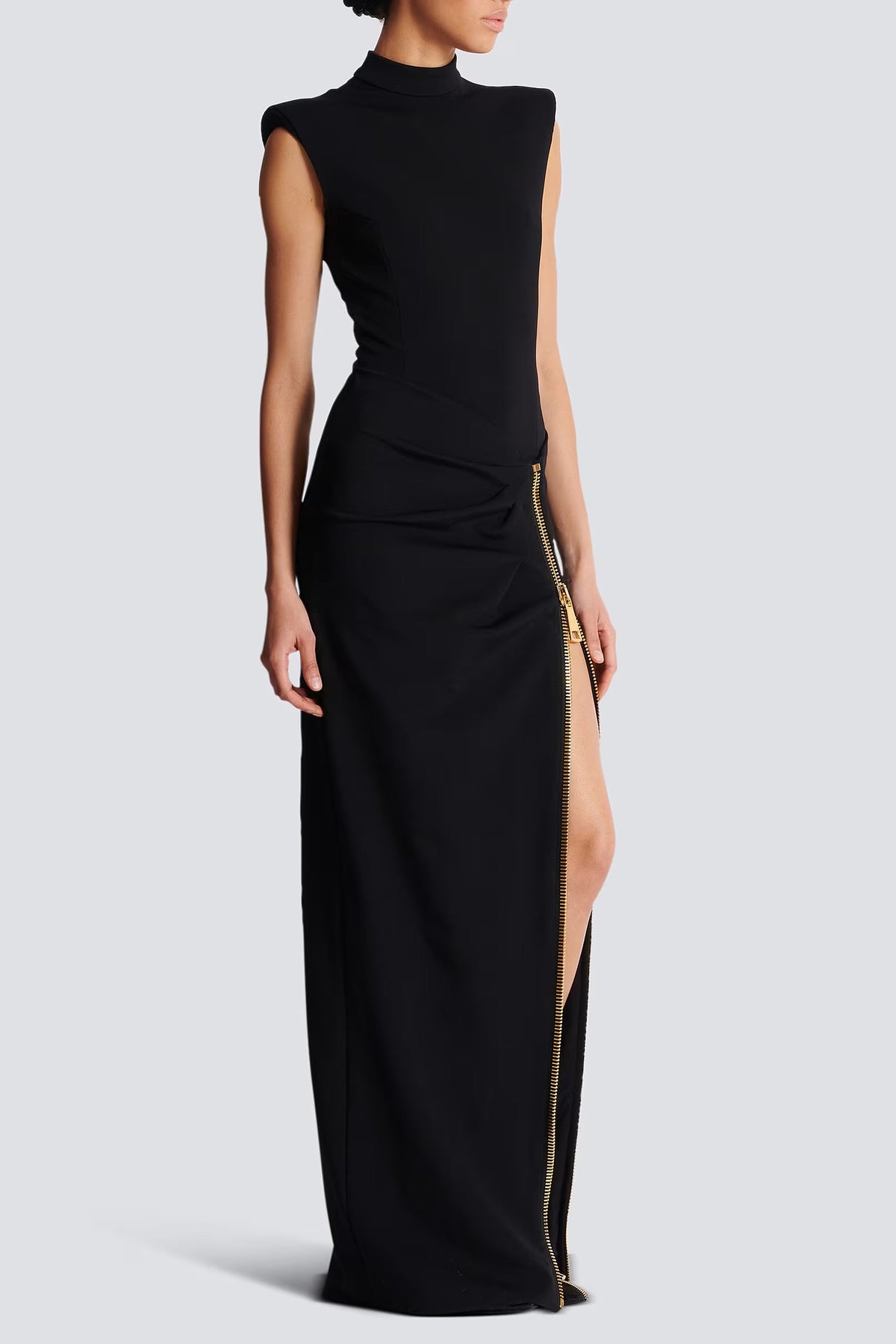 black Sleeveless Zipper high Slit Elastic jersey maxi Dress