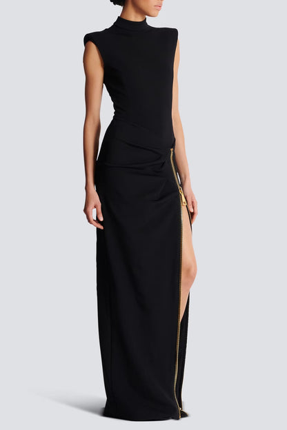 black Sleeveless Zipper high Slit Elastic jersey maxi Dress
